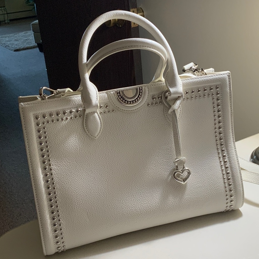 Elegant White Studded Tote Bag with Heart Charm